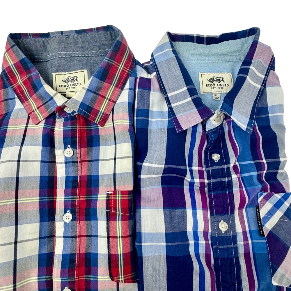 Ecko Unltd Mens XL Plaid Short Sleeve Button Down Shirt Red White Blue Casual‎